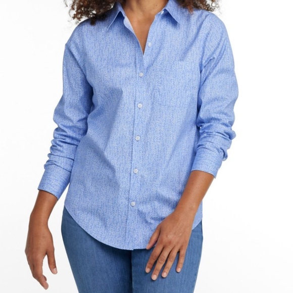 NWOT LL Bean Navy Blue with White Wrinkle Free Button Down Long Sleeved Blouse - Picture 8 of 9